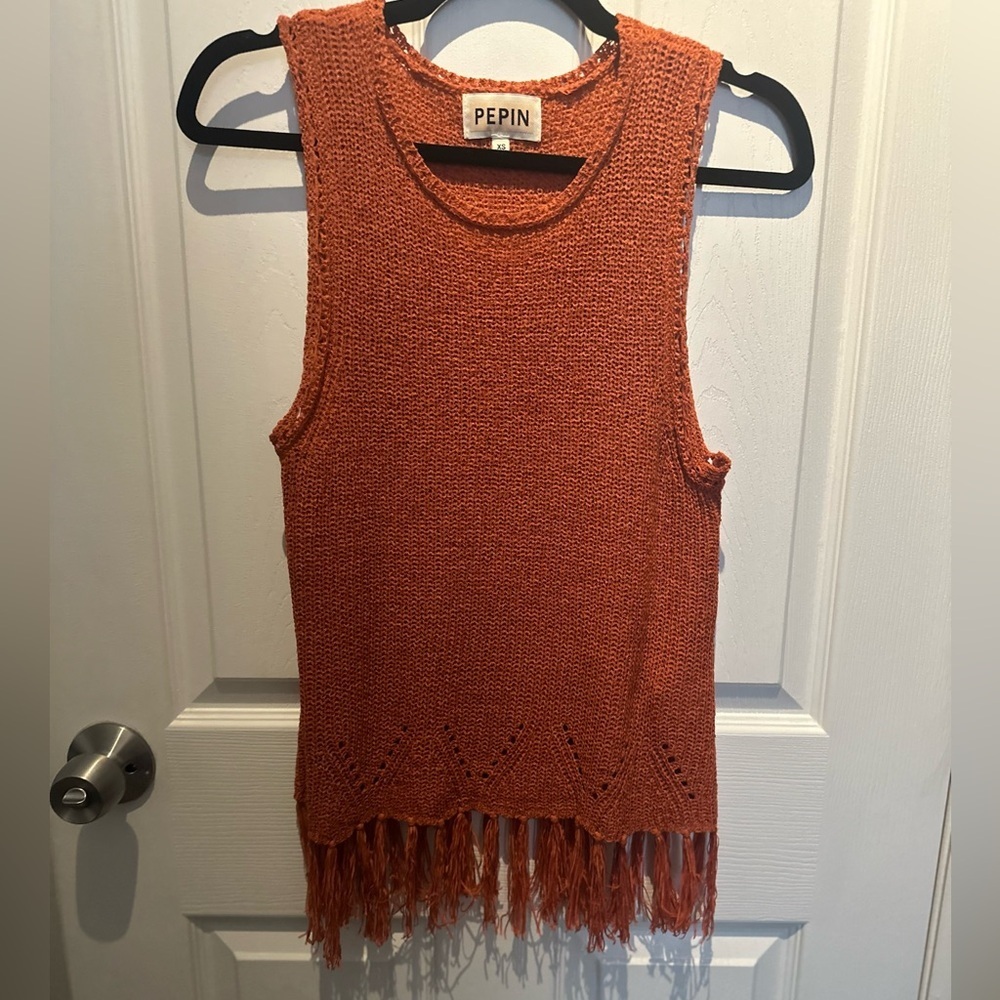 PEPIN Anthropologie Burnt OranCrochet Knit Sleeveless Tank Top w/ Fringe Hem XS
